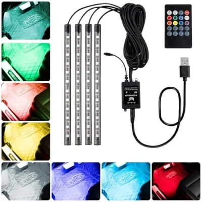 Bild av Baxcdyswe 4 delar, 48 remsor omgivningsbelysning bil, vattentät bil LED innerbelysning, fotrumsbelysning belysning flerfärgad musikatmosfär med USB port och fjärrkontroll