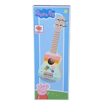 Bild av Echhorn Peppa Gris trä ukulele 43 cm lång, främjar auditiv perception, 4 nylonsträngar, stämbara, av furu, björkplywood, från 3 år