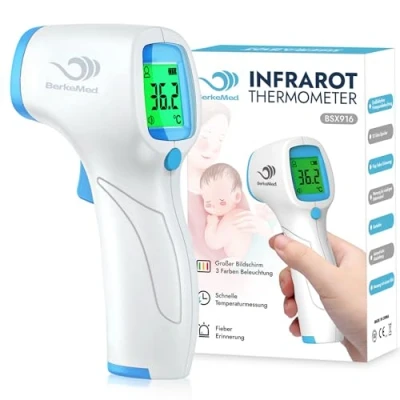 Bild av BerkeMed Febertermometer, kontaktlös, infraröd panntermometer, febertermometer baby, för spädbarn barn och vuxna, digital termometer feber, omedelbar exakta mätvärden, LCD display, vit_blå