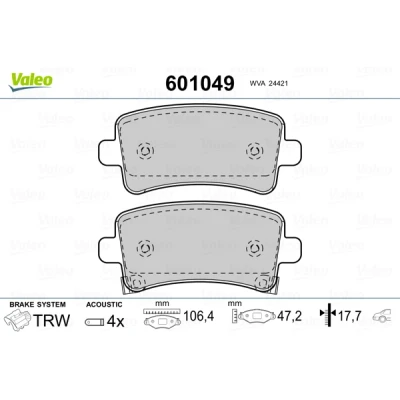 Bild av VALEO 601049 Jeu de plaquettes frein Essieu arrière contact signal d&#039;usure inclus avec tôle anti bruit OPEL: Insignia A Berline