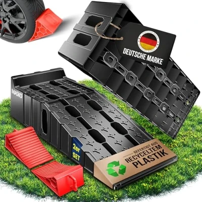 Bild av MASKO® uppkörningsramp, set om 2 uppkörkilar upp till 7 t lastkapacitet, bilramp med överkörningsskydd lastlampa halkfri, robust och extra bred garageramper, bilramp, oljebyte reparation