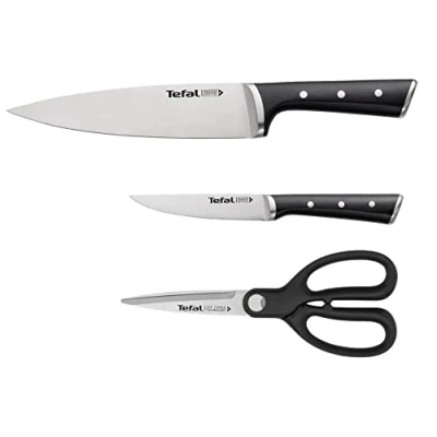 Bild av Tefal K232S355 Ice Force 3 delat knivset kockkniv universalkniv kökssax blad av tyskt rostfritt stål långvarig skärprestanda och skärpa stål/svart