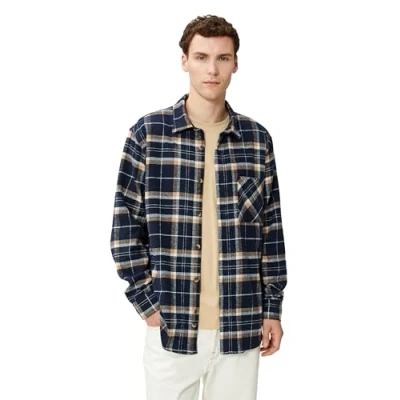 Bild av Koton män ficka detalj klassisk hals check pläd skjorta, 7c1 (Navy Check), M