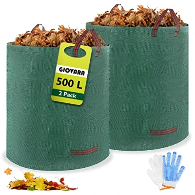 Bild av GIOVARA Kraftiga trädgårdspåsar 500 L 2 pack återanvändbara säckar med handtag, extra starka avfallspåsar för trädgård, gräs, skräp, hållbara soppåsar hem, trädgård