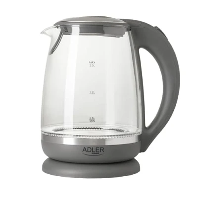Bild av Adler AD 1286 vattenkokare av glas och plast, 2 l, 000 W, LED belysning, glasvattenkokare för te, kalkfilter, automatisk avstängning, rostfritt stål, grå transparent/grå