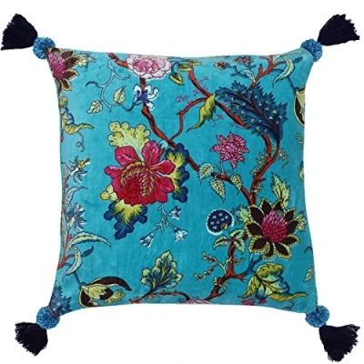 Bild av Riva Paoletti Livets träd kuddfodral kungsfiskare blå blommigt chinoiserie tryck pompom tofshörn maskintvättbar 100% bomull 50 x cm (20 tum 20 tum) designad i Storbritannien