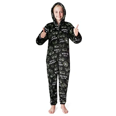 Bild av CityComfort Onesies för pojkar, fluffiga fleece pyjamas barn och tonårspojkar, spel onesie, camo varma vinter pjs 7 14 år, 11 12 Svart