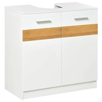 Bild av kleankin Badrumsmöbel under handfat Skåp Mysig chic stil pannband 10 bambu garderob 2 dörrar med MDF hylla dim. 60 l x 30 60,5H cm vit