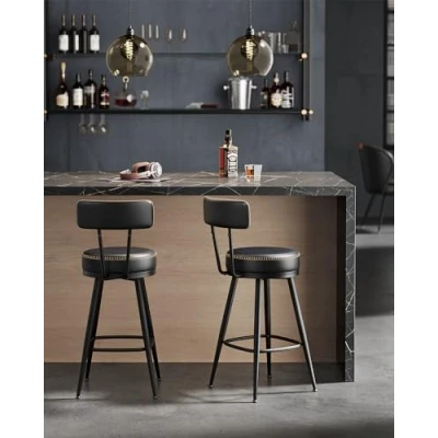 Bild av VASAGLE EKHO Collection Barpall, set om 2, köksstol, vadderad sits, PU med sömmar, modern stil från mitten av århundradet, höjd 65 cm, för kök, bar, bläcksvart LBC089B01