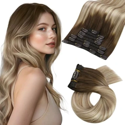 Bild av Moresoo Äkta remy hårförlängning, osynligt klämma, äkta hår, balayage, ljusbrun med mellanblond #3/8/22, 50 cm, 120 g, 7 st