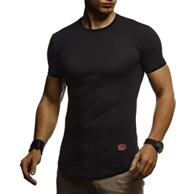 Bild av Leif Nelson sommar t shirt för män med rund hals, smal passform, bomull andel, cool vit/svart, basic, crew neck, pojkar, kortärmad, tröja, O kortärmad ärm, topp, lång, LN8294, svart, XL