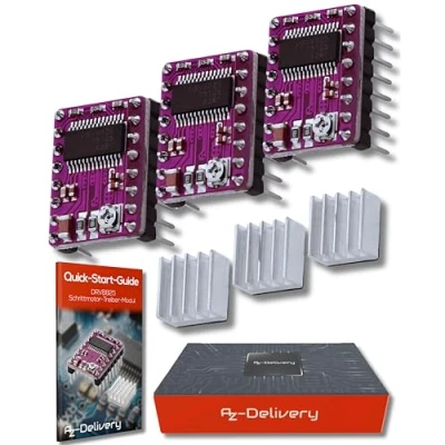 Bild av AZDelivery 3 x DRV8825 stegmotormotormodul med kylfläns, t.ex. för RAMPS 1.4, CNC skärm, 3D skrivare, Prusa Mendel kompatibel Arduino och Raspberry Pi