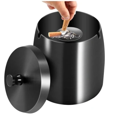 Bild av Royouzi Ashtray, asktray med lock, rostfritt stål ashtray för utomhusbruk, stormashtray som vindashtray, stående astray non slip bas utomhus och inomhusbruk (svart)