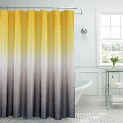 Bild av Kreativa hemidéer Duschdraperiset med texturerat tyg, inkluderar 12 metallringar enkel glidning, modern badrumsinredning, maskintvättbar, mått 178 cm x 183 cm, gul/grå ombre