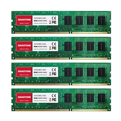 Bild av 【DDR3 RAM】GIGASTONE 32 GB kit (4 x 8 GB) DDR3/DDR3L 1 600 MHz (1 333 MHz) PC3 12800 (PC3 10600) CL11 1,35 V/1,5 V 2Rx8 UDIMM 240 Pin obuffrat icke ECC högpresterande PC skrivbordsminne Uppgradera