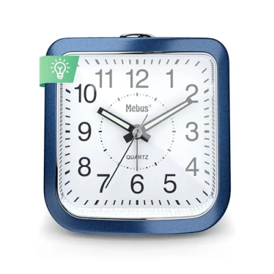 Bild av MEBUS Quarz Wecker, geräuscharm ohne Ticken, Leuchtzeiger, Alarm mit Weckwiederholung (Snooze), Zifferblattbeleuchtung auf Knopfdruck, Farbe: Blau, Modell: 26158