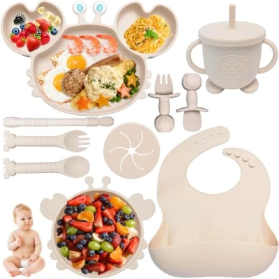 Bild av Kinyoda Avvänjningsklaff, 10 delar barnkalkset, halkfri geléset med sugkopp skål, babybestickset för mat, BPA fri (beige)