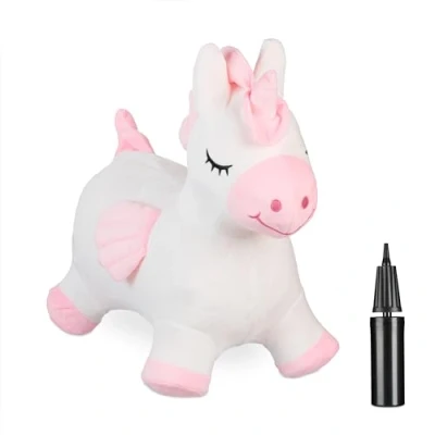 Bild av Relaxdays hoppdjur enhörning, med överdrag, inkl. luftpump, hopper upp till 50 kg, BPA fri, barn från 3 år, hoppare, vit/rosa