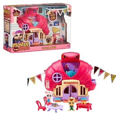 Bild av MOUSE IN THE HOUSE, Croissant Coffee Box, med 2 exklusiva musfigurer, tillbehör och klistermärken som lyser i svart, leksaker för barn från 3 år, MUN01