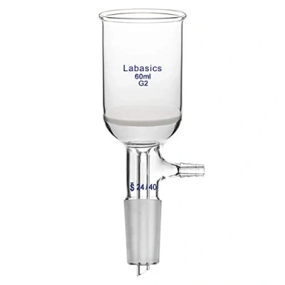Bild av Labasics Borosilikat Glas Buchner Filtreringstratt 60 ml med Medelfrit (G2), 43 mm Innerdiameter, 57 Djup, 24/40 Standard Konisk Inre Fog Och Vakuumtandad Tubulering,