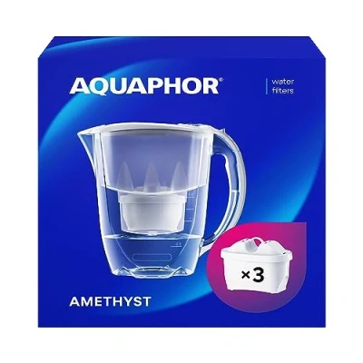 Bild av AQUAPHOR Vattenfilterkanna Amethyst Grå 3 X MAXFOR+ Filter Ingår Kapacitet 2,8 liter Passar i kylskåpsdörren Minskar Kalk Klor &amp; Mikroplaster