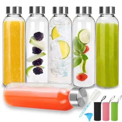 Bild av UCAMP glasflaska 500 ml,glasvattenflaskor,paket med 6 tomma glasflaskor lock,för vatten,smoothies,fruktjuice,vattentät,genomskinlig