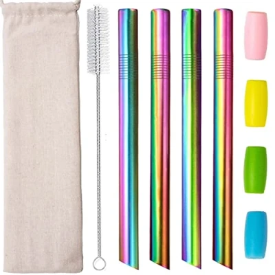Bild av Rostfritt stål bubbla te sugrör, återanvändbara Boba sugrör metallsugrör vinklade spetsar fet bred tjock smoothie milkshake jumbo med resefodral bärväska silikon borste 12 mm, 4 pack silver