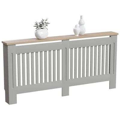 Bild av Vida Designs Arlington kylarskydd grå modernt målat MDF skåp, lameller, grill, trähylla, extra stor (H: 83,3 / B: 172 D: 19 cm)