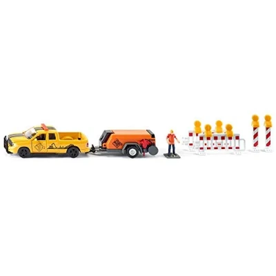 Bild av siku 3505, RAM 1500 Pick Up with Compressor Trailer, 1:50, Metal/Plastic, Yellow/Orange, Incl. barriers and toy figure