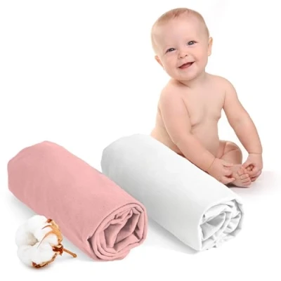 Bild av 2 ST JERSEY BOMULLSDRAPERIER För Madrass Set of (60 x 120 12 cm), Babysäng, Certifierade Fria Från Kemiska Produkter (OEKO TEX), Vit och Rosa, Spännlakan Med Elastik