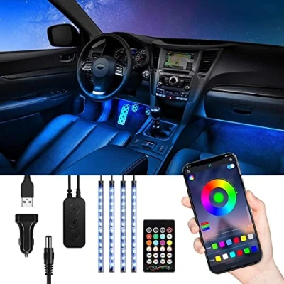 Bild av TASMOR Bluetooth omgivande belysningsbil, RGB bil LED interiörbelysning med APP Reglerbar, dimbar vattentät fotbrunnbelysning Autojustering fjärrkontroll, 12V lampor Syn musik
