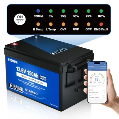 Bild av DCHOUSE 12 V 150 Ah LiFePO4 litiumbatteri med Bluetooth, djuptemperaturskydd, 4 000 10 cykler djupcykler, litiumbatteri, perfekt för husbilar, solsystem, husvagnar, trolling motorer
