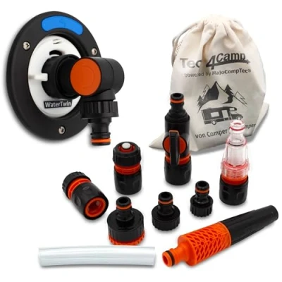 Bild av MaJoCompTec® Watertwin tankadapter vattenfilter räknare set husbil vatten tanklock tillbehör påfyllningsstutsadapter kompatibel med Gardena Typ 3 stifts D:78 (CLEAN + CONNECT Set)