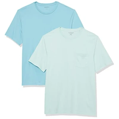 Bild av Amazon Essentials herr normal passform kortärmad rund hals ficka t shirt, paket med 2, vattenblå/ljusblå, Large
