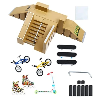 Bild av IOUGDSEC Skate park kit, skatepark kit rampdelar för finger skateboard del träningsrekvisita med 3 fingerdäck 2 fingercykel 1 par skridskor och skotrar