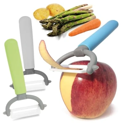 Bild av COM FOUR® 3x skalare med keramiskt blad för frukt och grönsaker särskilt vass universalskalare rostsäker pendelblad av keramik (3 stycken grön. blå. grå)