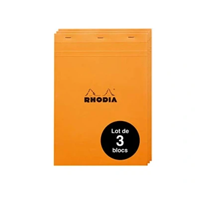 Bild av Rhodia 18200AMZC set med 3 anteckningsblock nr 18 DIN A4 (21 x 29,7 cm), häftad på huvudsidan, 80 ark mikroperforerat, rutig, Clairefontaine papper vitt g, omslag orange, stycken