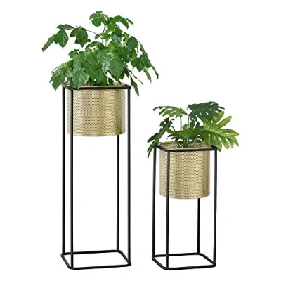 Bild av Piedestal Växtställ Växtstativ Set om 2 Krukor Metall Svart Guld 46x21x21cm 70x25x25cm