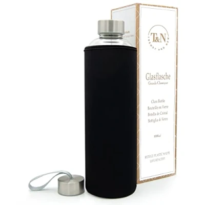 Bild av T&amp;N glasflaska 1 liter/750 ml/500 ml drickflaska glas l med neoprenfodral vattenflaska läckagesäker av tjockt borosilikatglas lämplig för kolsyra