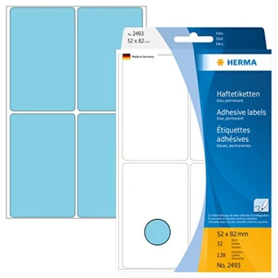 Bild av HERMA 2493 multifunktionsetiketter stora (52 x 82 mm, 32 ark, papper, matt) självhäftande, permanenta hushållsetiketter för handskriven märkning, 128 klistermärken, blå
