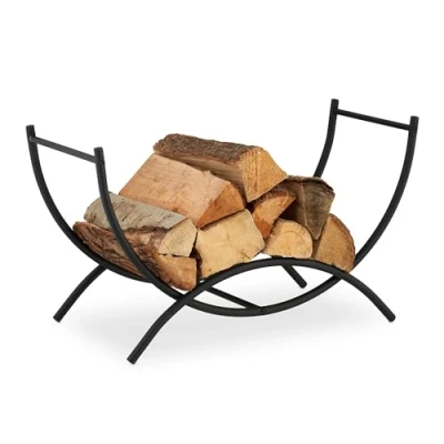 Bild av Relaxdays Vedkorg, metall, HBT: 38 x 67 32,5 cm, vedhållare för inomhusbruk, böjd bärkorg, svart