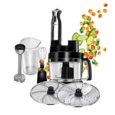Bild av MPM MRK 17 multifunktionell köksmaskin, knådare, mixer, dokumentförstörare, rivjärn, allt i ett, potatisskärare, diskmaskinssäkra tillbehör rostfritt stål, 800 W, stål