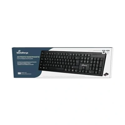Bild av MediaRange trådlöst tangentbord med 105 tangenter, QWERTY (GR) layout, PC set trådlös USB 2.0 nano mottagare, 10 m sändningsavstånd, stänksäker och höjdjusterbar, svart