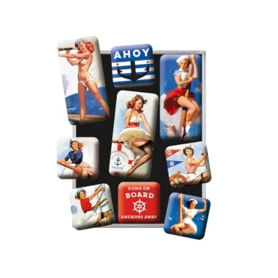 Bild av Nostalgic Art Kylskåpsmagneter i retrostil, Pin Up Ahoy Presentidé för nostalgiälskare, Magnetset magnettavlor, Deko vintagedesign, 9 stycken