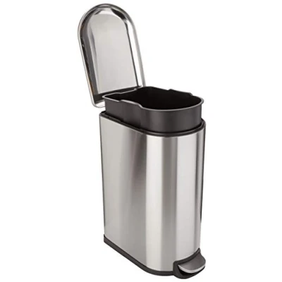 Bild av Amazon Basics 40 l/10,5 gallon papperskorg för badrummet med rörpedal av stål försiktigt stängande lock, kök, badrum eller kontor, rektangulär, rostfritt stål, silver