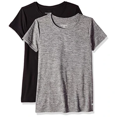 Bild av Amazon Essentials Dames Tech stretchig kortärmad T shirt med rund hals (finns i plusstorlek), 2 Pack, Mörkgrå Rymdfärg/Svart, M