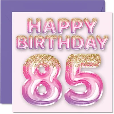 Bild av 85:e födelsedagskort för kvinnor rosa och lila glitterballonger grattis på 85 år gammal kvinna mamma stor barnflicka mormor farmor, 145 mm x åtta femte födelsedag gratulationskort present