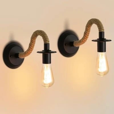 Bild av 2 Stycken Vintage Vägglampa, vägglampa med hamparep, E27 180 justerbar för hall vind sovrum bar kaffebar (glödlampa ingår ej)