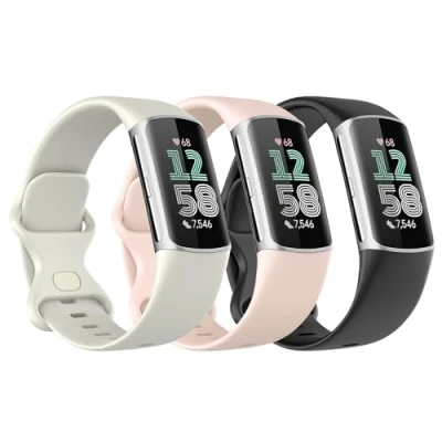 Bild av Astorgos 3 Pack Straps Compatible with Fitbit Charge 6/Fitbit 5 for Women Men, Soft TPE Watch Strap Replacement Band, Black/Moon Whtte/Sand Pink