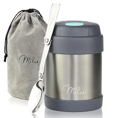 Bild av Milu® Termos 300/440/450/650/800 ml, av rostfritt stål, matbehållare/matkärl för barnmat, behållare att hålla maten varm, termisk matlåda, müsli to go, grå, 300 ml